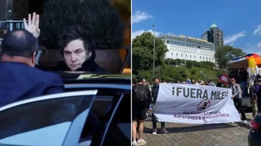 El presidente argentino, Javier Milei, llega a Hamburgo, Argentina, en medio de protestas contra su visitas, 22 de junio de 2024.