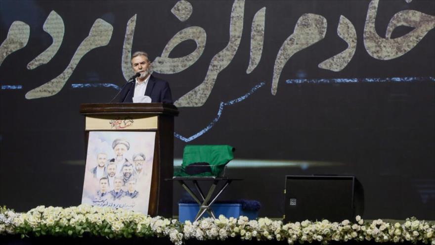 El líder de la Yihad Islámica Palestina, Ziad al-Najala, habla en la ceremonia conmemorativa del presidente mártir iraní, Seyed Ebrahim Raisi, Teherán, 27 de junio de 2024.