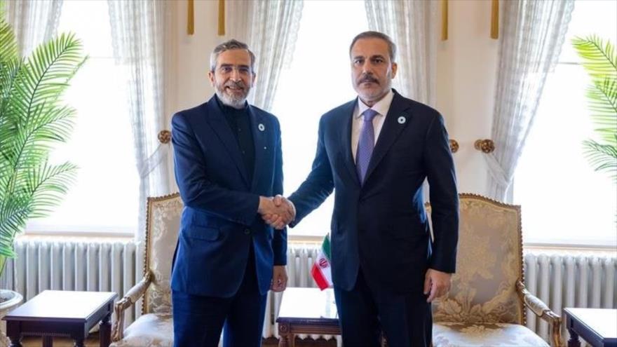 El ministro interino de Asuntos Exteriores de Irán, Ali Baqeri,(izda.) , y el ministro de Asuntos Exteriores turco, Hakan Fidan.