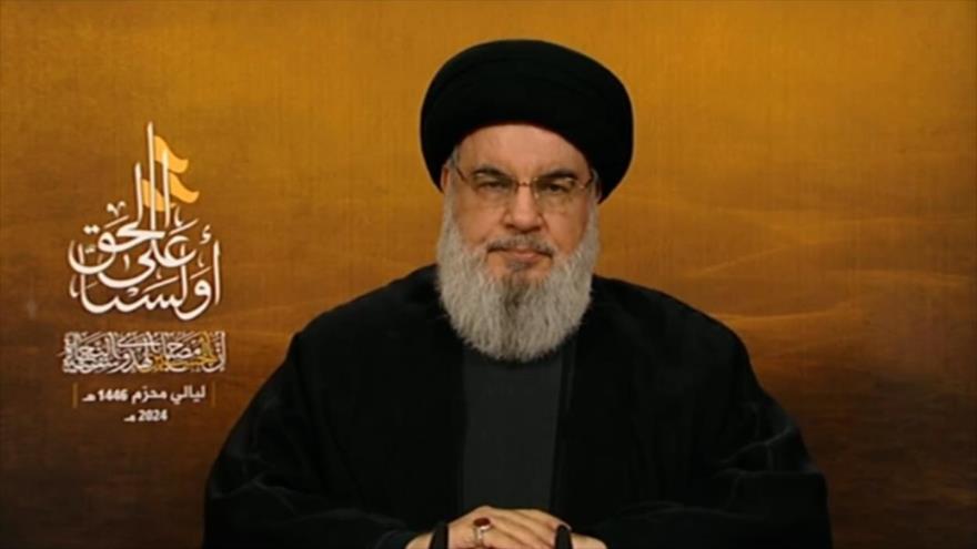 El líder de Hezbolá, Seyed Hasan Nasralá, ofrece discuro en eltercer día del mes de Muharram, 7 de julio de 2024.