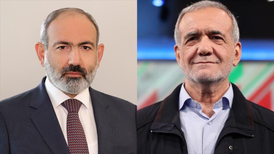 El presidente electo iraní, Masud Pezeshkian (dcha.) y el primer ministro armenio, Nikol Pashinián.