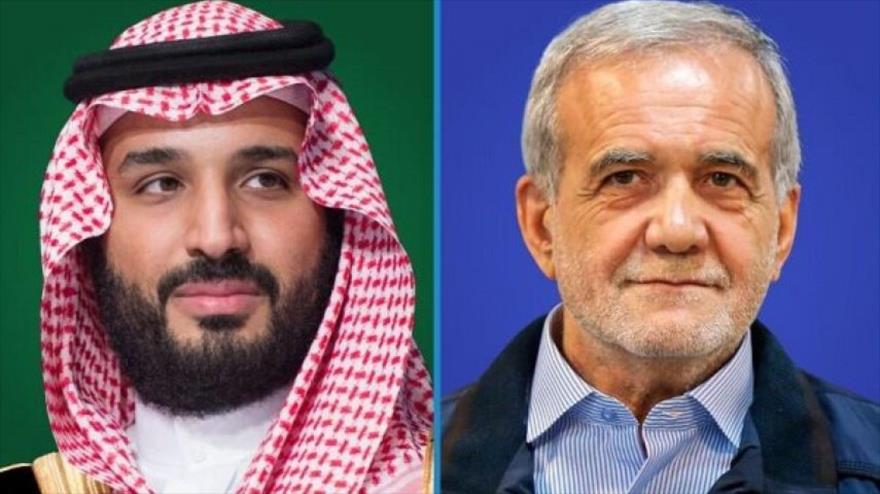 El presidente elegido de Irán, Masud Pezeshkian, (decha.) y el príncipe heredero de Arabia Saudí, Muhamad bin Salman.