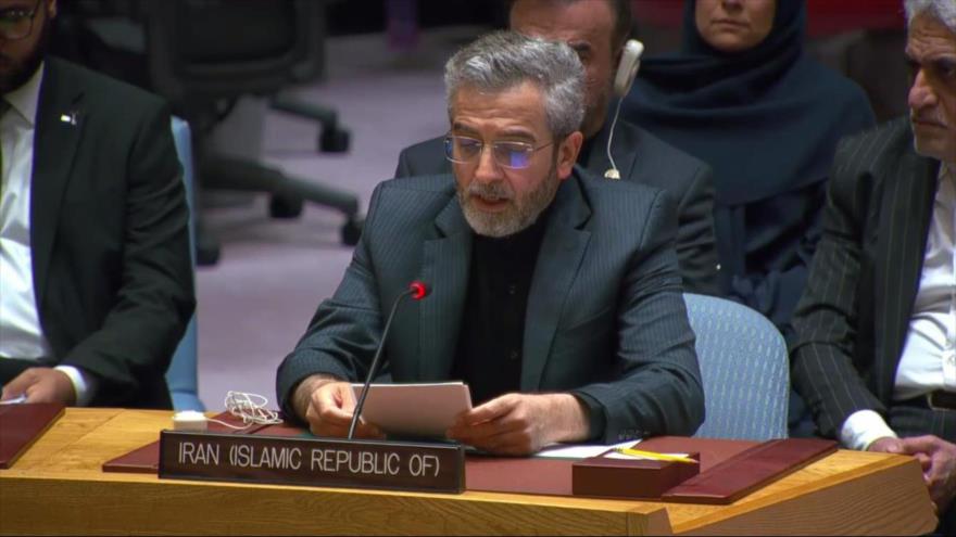 El canciller interino iraní, Ali Baqeri Kani, habla en una reunión del Consejo de Seguridad de la ONU, 17 de junio de 2024.