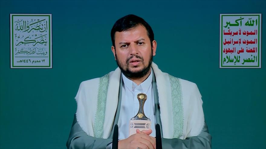 El líder del movimiento popular Ansarolá, Seyed Abdulmalik Badreddin al-Houthi, ofrece un discurso, 18 de julio de 2024.