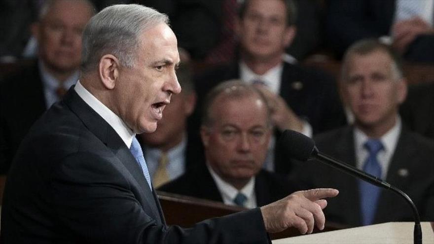 El primer ministro del régimen israelí, Benjamín Netanyahu, se dirige a una reunión conjunta del Congreso de EEUU en Washington, 24 de julio de 2024. (Foto: AFP)