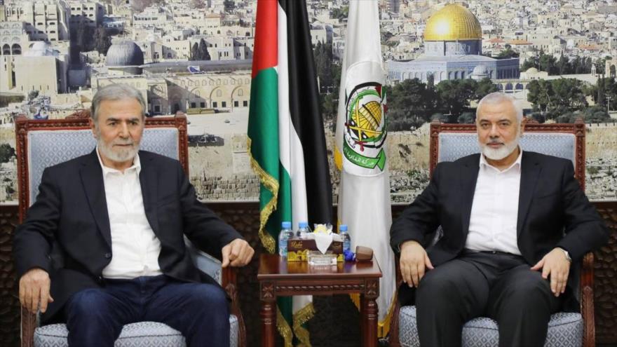 El líder político de HAMAS, Ismail Haniya (dcha.), y el secretario general de la Yihad Islámica Palestina, Ziyad al-Najala.