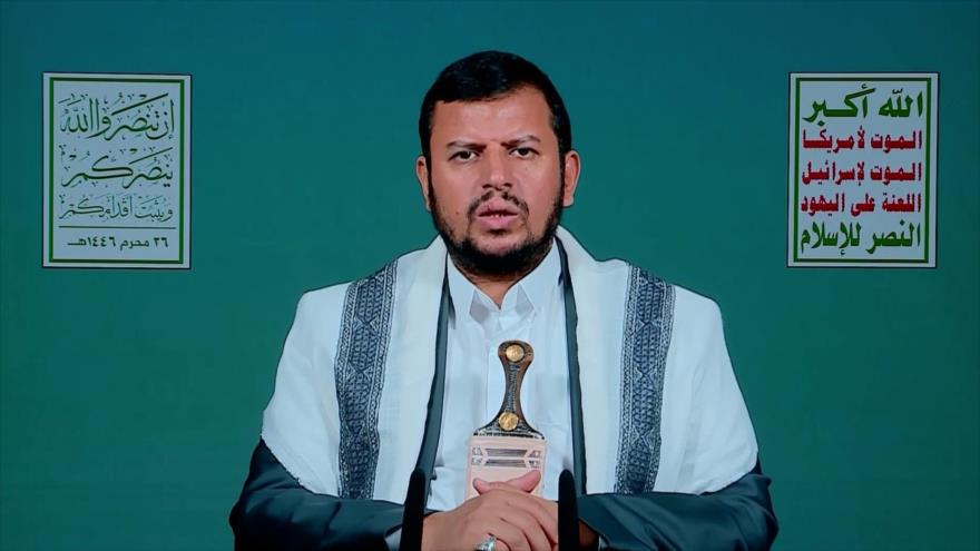 El líder del movimiento popular yemení Ansarolá, Seyed Abdulmalik Badreddin al-Houthi, ofrece un discurso, 1 de agosto de 2024.