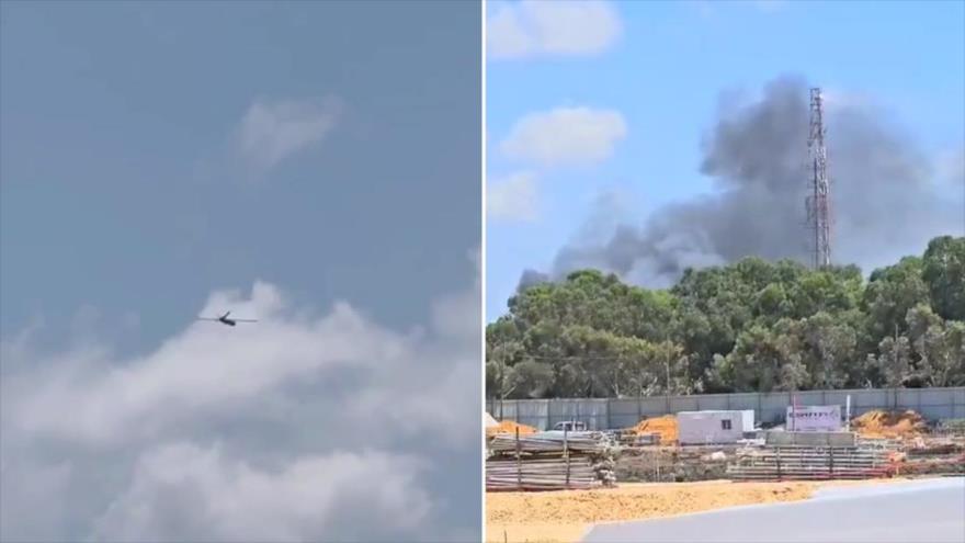 Imágenes muestran un dron de Hezbolá tras infiltrarse en el cielo del norte de los territorios ocupados, y el humo levantado tras el impacto de dron de Hezbolá contra ciertas posiciones de Israel, 6 de agosto de 2024.