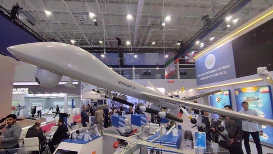 El dron iraní Mohayer-10 se exhibe en el Foro Técnico-Militar Internacional Army 2024 en Patriot Park, en las afueras de Moscú (Rusia), 12 de agosto de 2024.