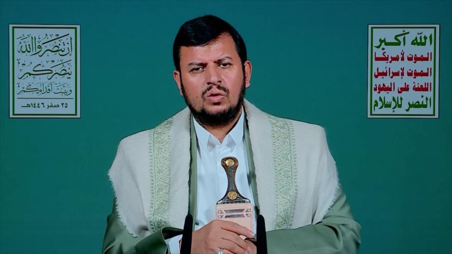 El líder del movimiento popular yemení Ansarolá, Abdulmalik Badreddin al-Houthi, ofrece un discurso, 29 de agosto de 2024.