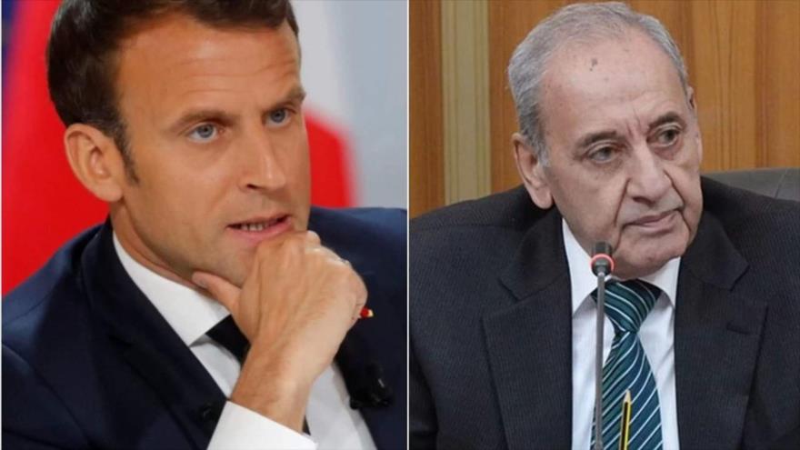 El presidente del Parlamento libanés, Nabih Berri (izda.) y el presidente francés, Emmanuel Macron.