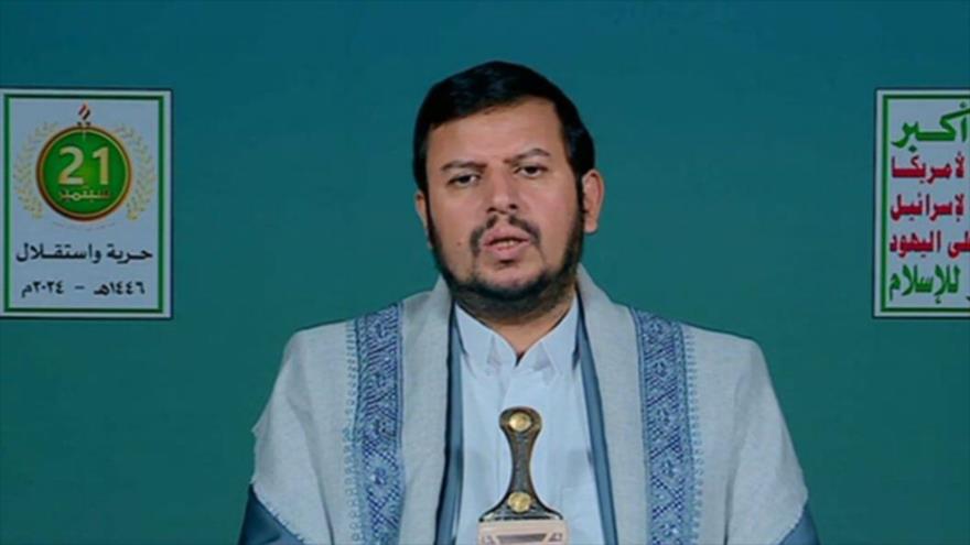 El líder de Ansarolá, Seyed Abdulmalik Badreddin al-Houthi, ofrece un discurso televisivo, 21 de septiembre de 2024.