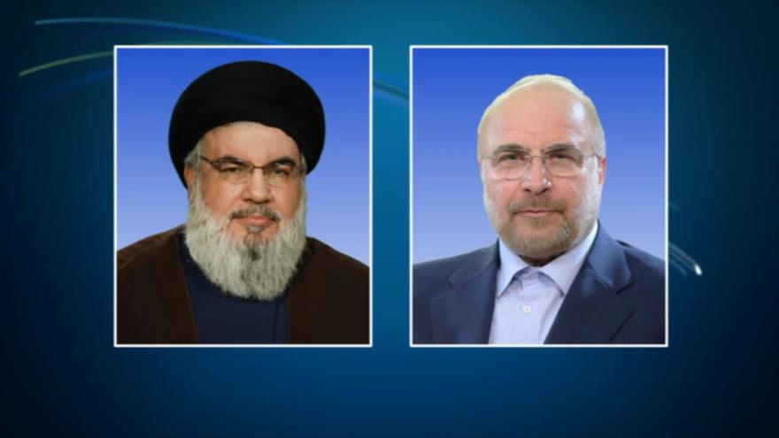 El presidente del Parlamento de Irán, Mohamad Baqer Qalibaf (dcha.), y el líder del Movimiento de Resistencia Islámica de El Líbano (Hezbolá), Seyed Hasan Nasralá.