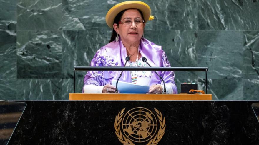 La canciller boliviana, Celinda Sosa, ofrece discurso ante la Asamblea General de la ONU, 25 de septiembre de 2024.