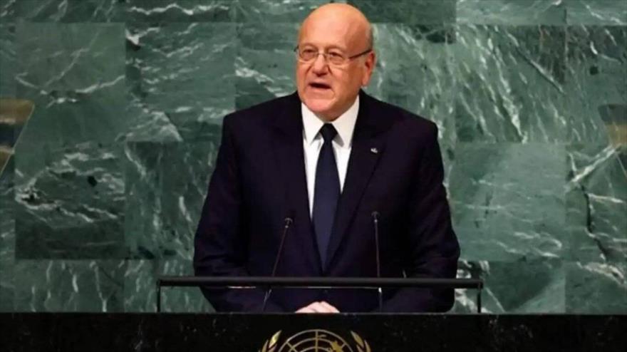 El primer ministro de El Líbano, Najib Mikati, habla en el 76.º periodo de sesiones de la Asamblea General de la ONU, Nueva York, 21 de septiembre de 2024.