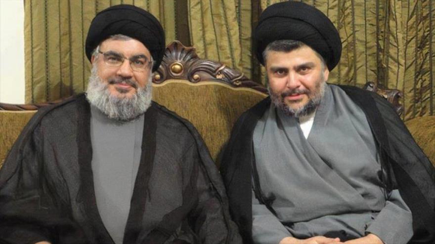 El líder de Hezbolá, Seyed Hasan Nasralá, (izd), y el líder iraquí Muqtada al-Sadr.