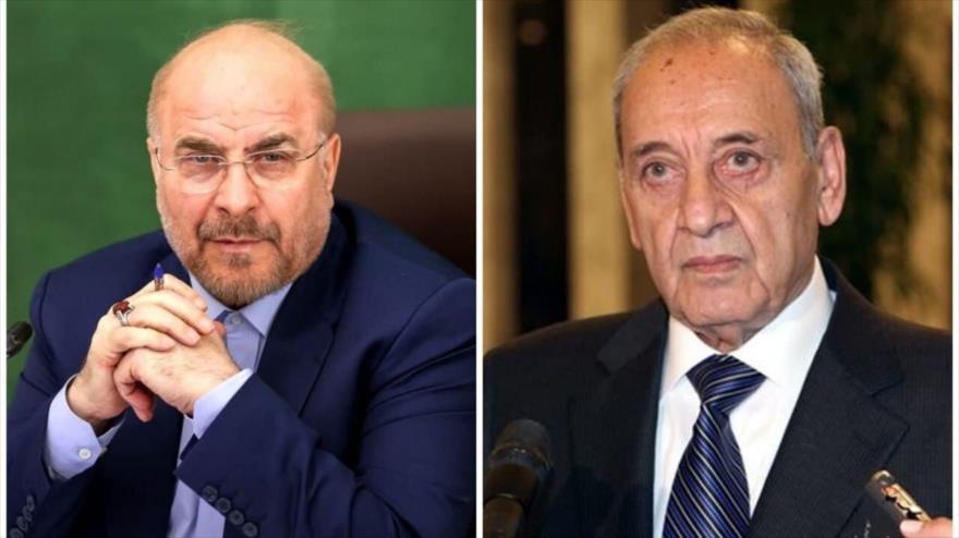 El presidente del Parlamento de Irán, Mohamad Baqer Qalibaf, (izq.) y su homólogo libanés, Nabih Berri.