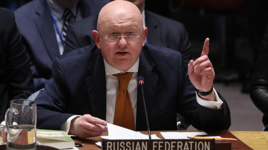 El representante permanente de Rusia ante las Naciones Unidas, Vasily Nebenzya, durante una sesión del Consejo de Seguridad.