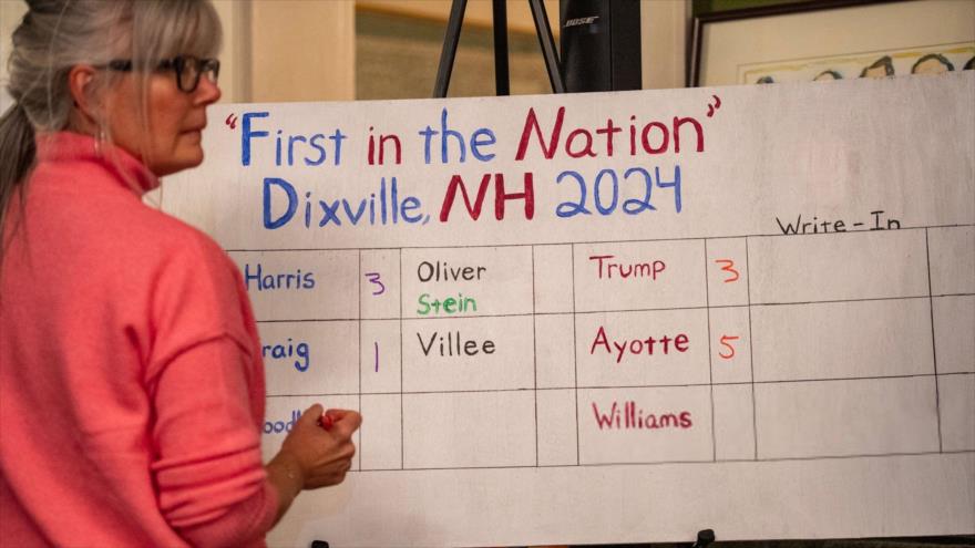 Harris y Trump empatan 3-3 en Dixville Notch, donde los residentes emitieron los primeros votos de las elecciones de EE.UU., 5 de noviembre de 2024.