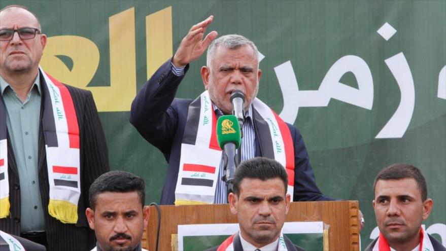 Hadi al-Ameri, líder de la Organización Badr, pronuncia un discurso ante sus seguidores en Kirkuk, en el norte de Irak.