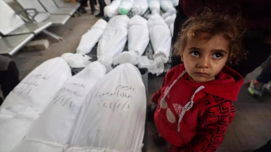 Un niño se encuentra junto a los cuerpos de sus familiares que murieron durante un bombardeo israelí, 10 de enero en Rafah, en Gaza. (Foto: AFP)