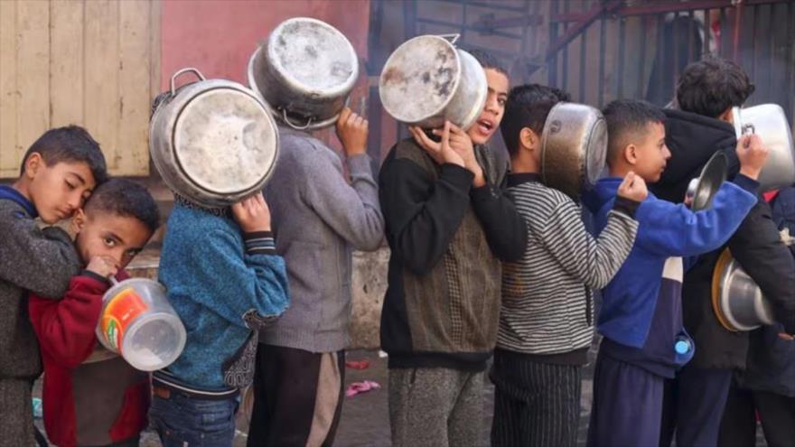 Niños palestinos llevan ollas mientras hacen fila para recibir comida preparada por una cocina benéfica en Rafah, en el sur de la Franja de Gaza, 14 de diciembre.
