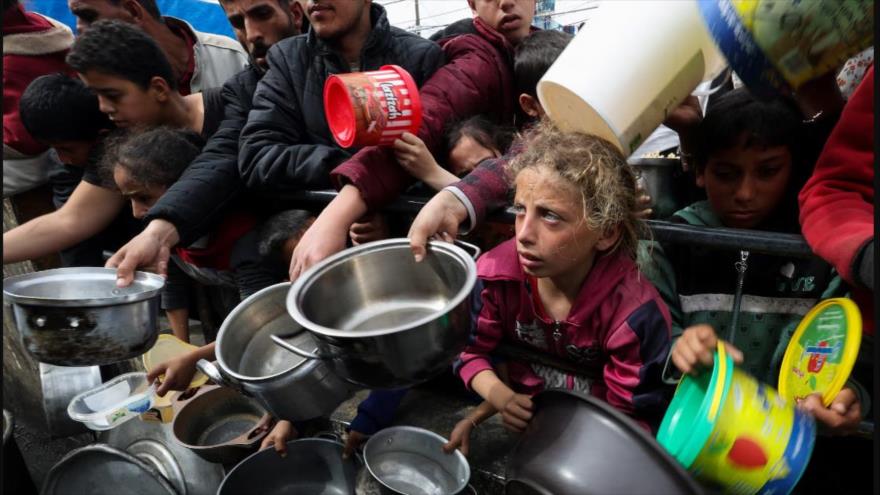 Palestinos con niños esperan recibir comida preparada por una cocina benéfica en Rafah, en el sur de la Franja de Gaza, 13 de febrero de 2024. (Foto: REUTERS)