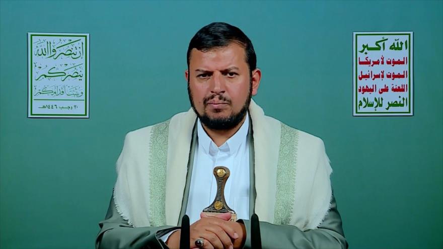 El líder del movimiento popular yemení Ansarolá, Seyed Husein Badreddin al-Houthi, durante un discurso televisado, 20 de enero de 2025.