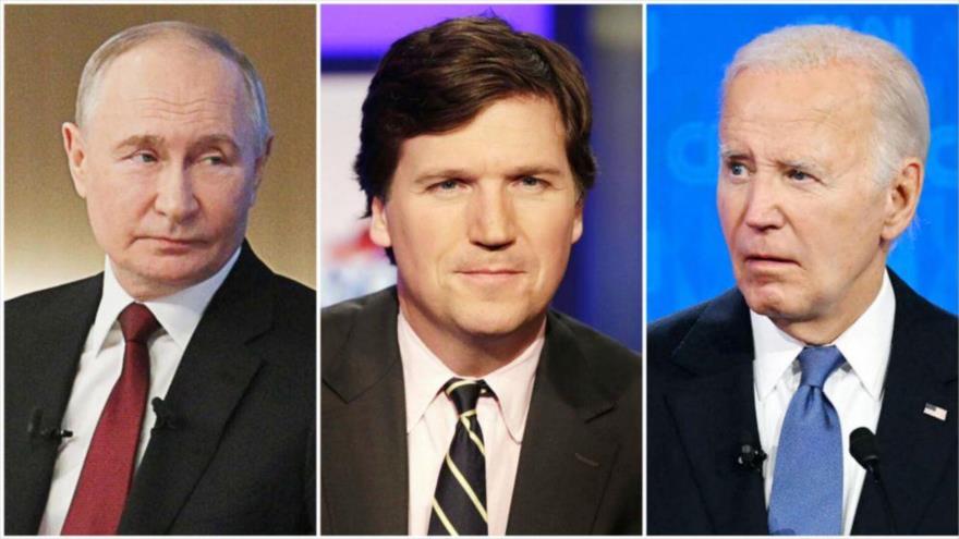 Vladimir Putin (izquierda), Tucker Carlson y Joe Biden