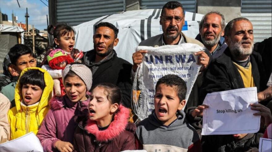 Palestinos se manifiestan en Rafah, en el sur de la Franja de Gaza, piden que se mantenga el apoyo internacional a los esfuerzos de socorro de la ONU y la UNRWA, 30 de enero de 2024. (Foto: AFP)