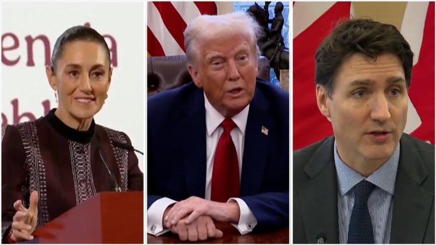 La presidenta mexicana, Claudia Sheinbaum (izda.), el presidente de EE.UU., Donald Trump (C), y el primer ministro canadiense, Justin Trudeau.