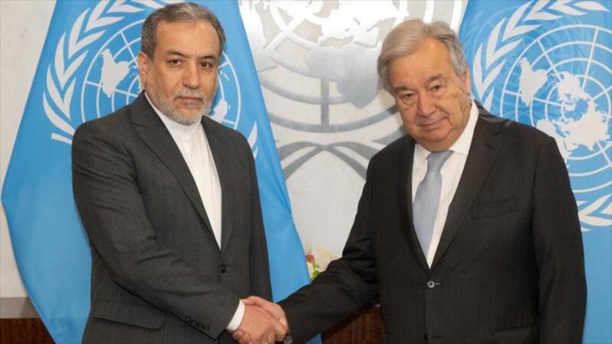 El canciller iraní, Seyed Abás Araqchi (izq.) y el secretario general de ONU, Antonio Guterres, 28 de septiembre de 2024. (Foto: un.org)
