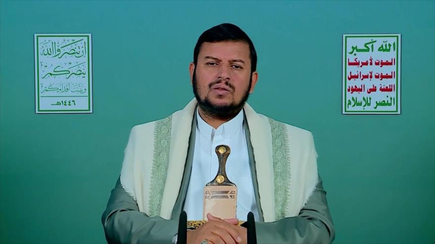 El líder del movimiento popular yemení Ansarolá, Seyed Husein Badreddin al-Houthi, durante un discurso televisado, 13 de febrero de 2025.