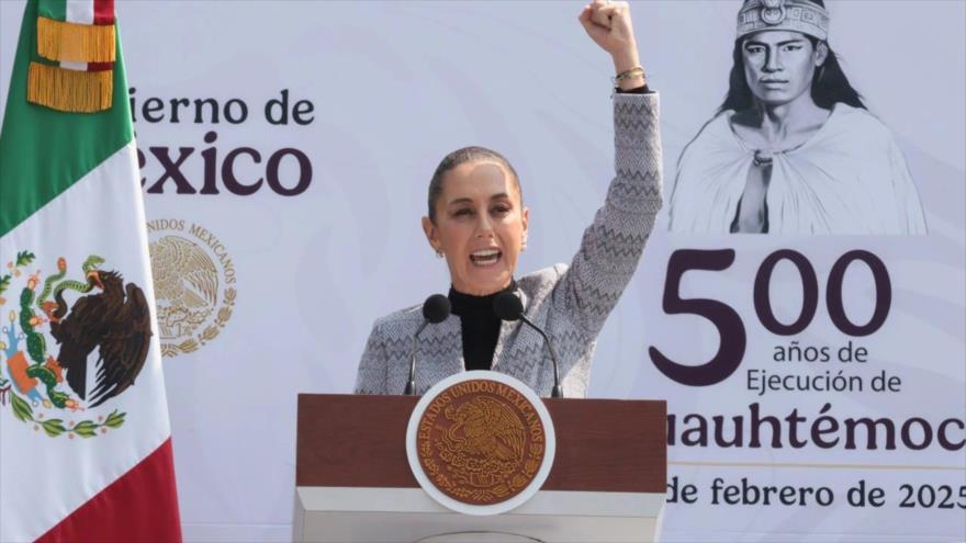 La presidenta de México, Claudia Sheinbaum, encabeza conmemoración de los 500 años del asesinato de Cuauhtémoc, 28 de febrero de 2025.