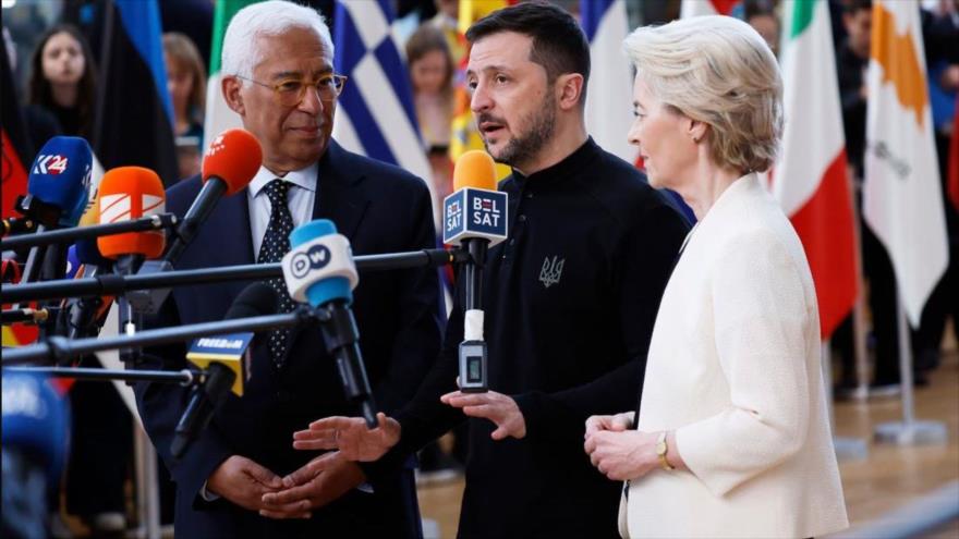 Presidenta del Consejo Europeo (izda.), Antonio Costa, presidente ucraniano, Volodímir Zelenski, presidenta de la Comisión Europea, Ursula von der Leyen (dcha.), Bruselas, 6 de marzo de 2025.