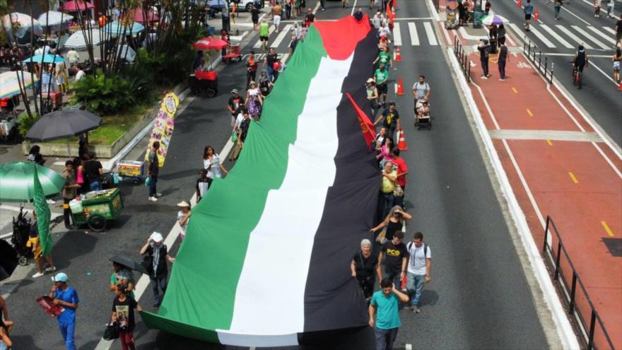 Los manifestantes brasileños ondean la bandera de Palestina en São Paulo, 23 de marzo de 2025.