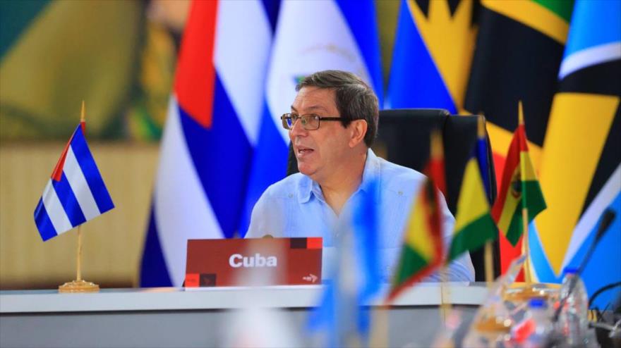 El canciller cubano, Bruno Rodríguez, habla en el XXV Consejo Político de la ALBA-TCP, celebrado en Venezuela.