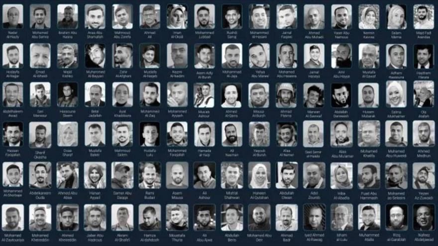 Una infografía muestra imágenes de varios periodistas asesinados en Gaza desde octubre de 2023. (Foto: Agencia Anadolu)