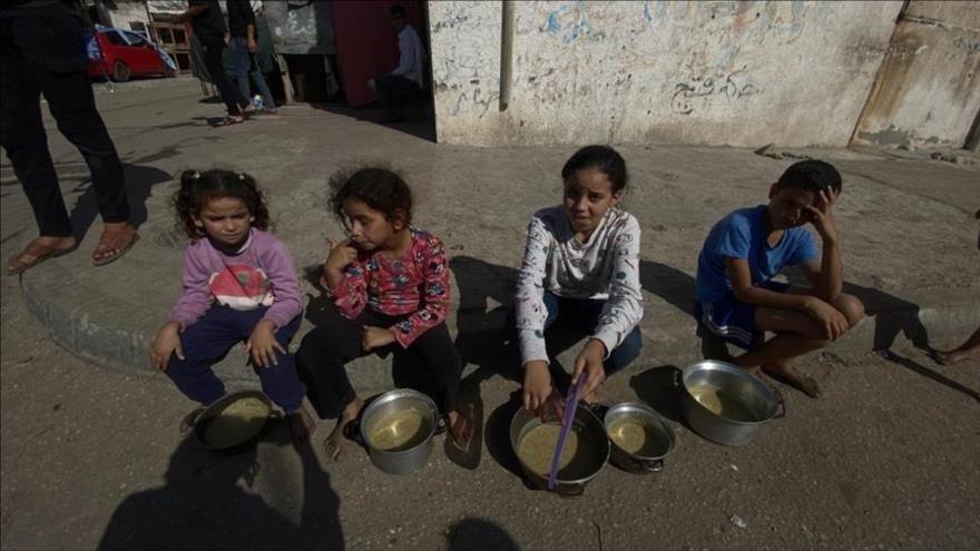 Niños afectados por la ofensiva militar de Israel contra la Franja de Gaza logran hacerse con algo de comida. (Foto: Agencia Anadolu)