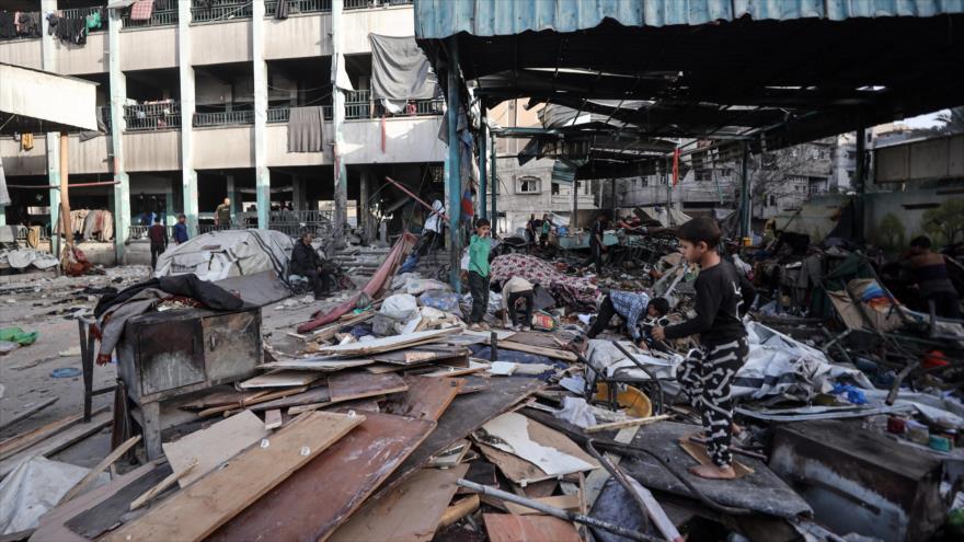 El edificio dañado de la escuela Fahmi al-Jarjawi, tras un ataque aéreo israelí, 26 de mayo de 2025.