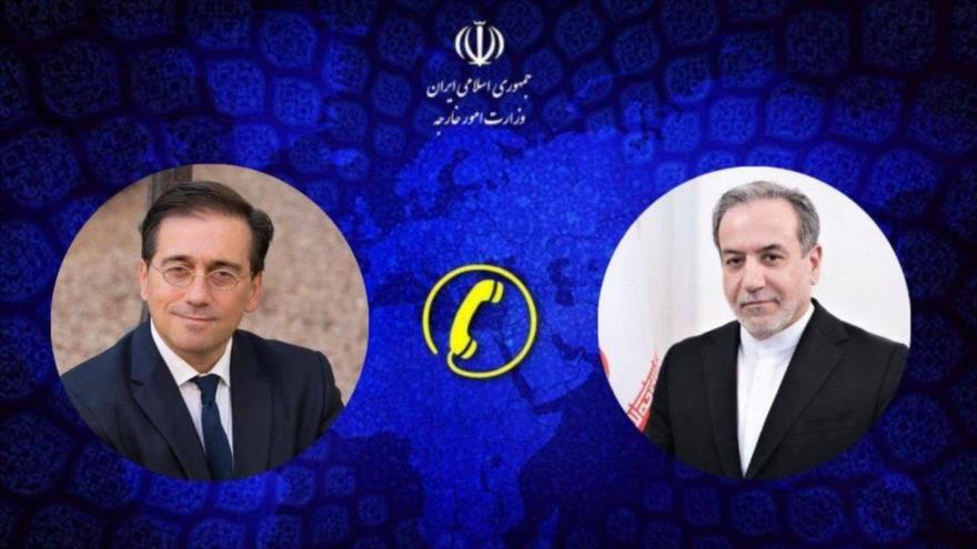 El canciller iraní, Seyed Abás Araqchi (dcha.), y su homólogo español, José Manuel Albares.