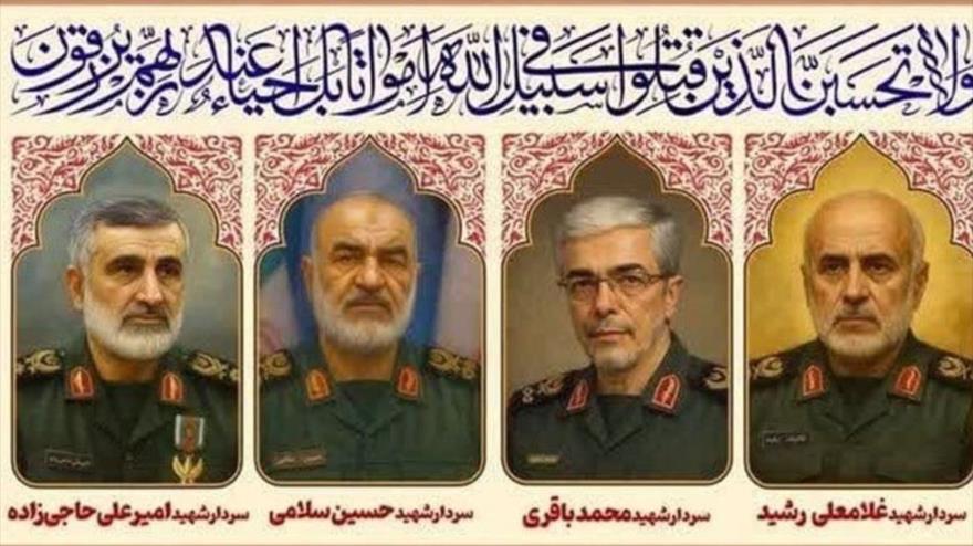 En la imagen, altos oficiales iraníes martirizados durante agresión de Israel. 