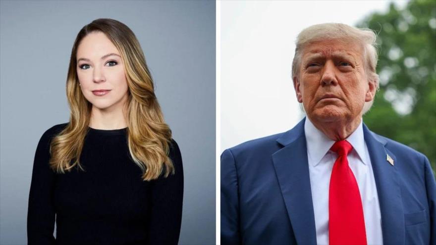 El presidente estadounidense, Donald Trump (dcha.) y la corresponsal de seguridad nacional de CNN, Natasha Bertrand.