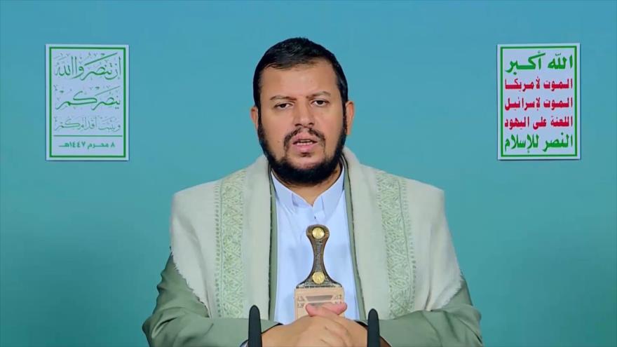 El líder del movimiento popular yemení Ansarolá, Abdulmalik al-Houthi, ofrece un discurso televisivo, 3 de julio de 2025.