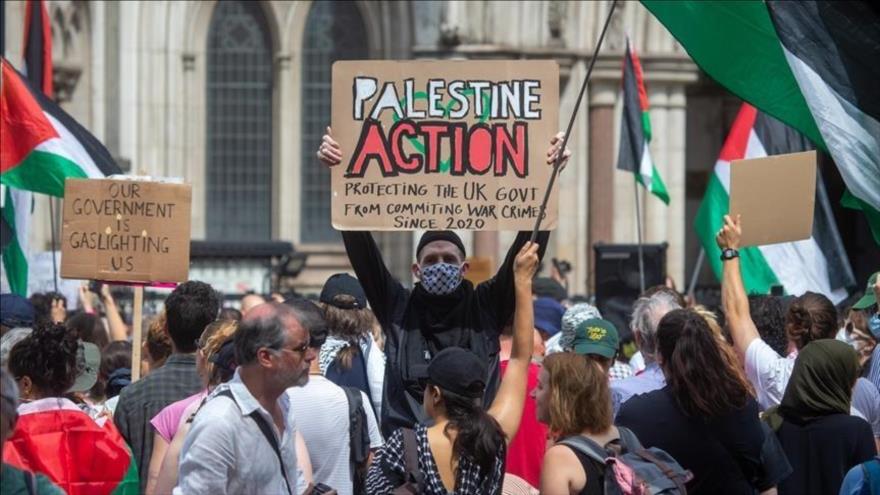 La manifestación del grupo pro-Palestina, Acción Palestina, en Londres (capital británica), 5 de julio de 2025.