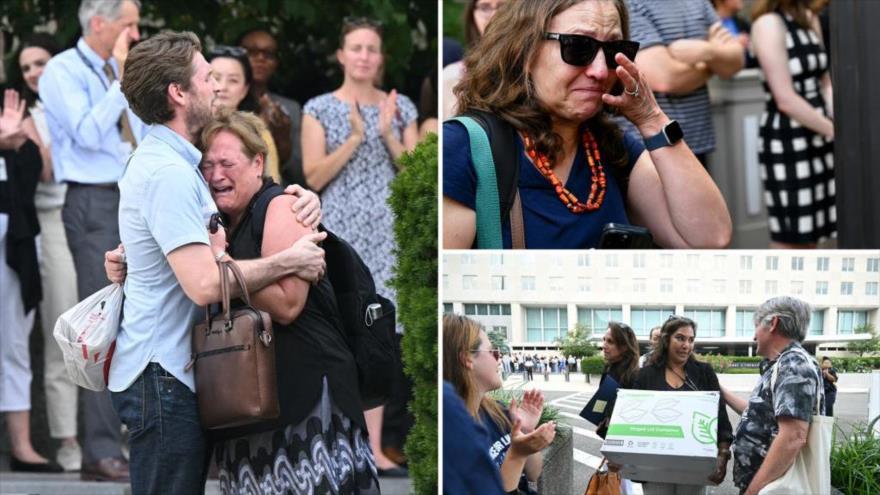Los empleados despedidos estadounidenses llorando por perder sus trabajos. (Foto: X)