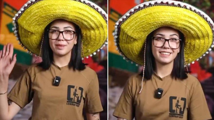 Una chica con un sombrero mexicano invita a extranjeros a unirse a las filas del Ejército ucraniano, 14 de julio de 2025.