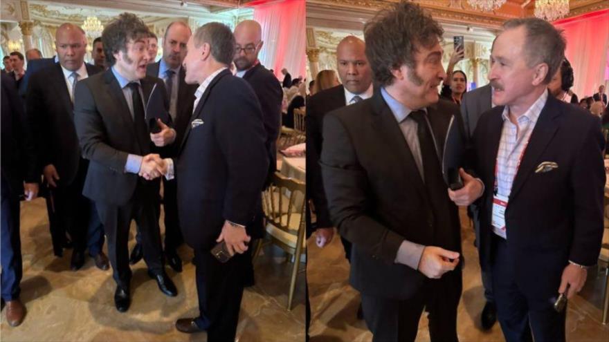 Peter Lamelas, designado embajador estadounidense en Buenos Aires, y Javier Milei, en una convención conservadora, de fines de noviembre de 2024, en la residencia de Donald Trump de Florida.
