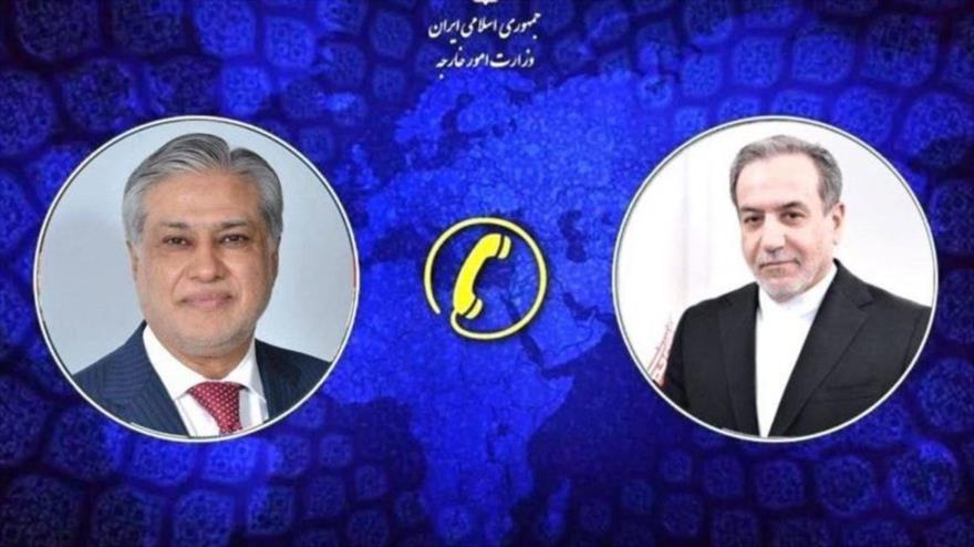 La foto combinada muestra el canciller iraní, Seyed Abás Araqchi(dcha.), y viceprimer ministro y ministro de Asuntos Exteriores de Pakistán, Mohammad Ishaq Dar.