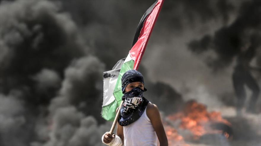 Un niño palestino sujetando la bandera de su país.